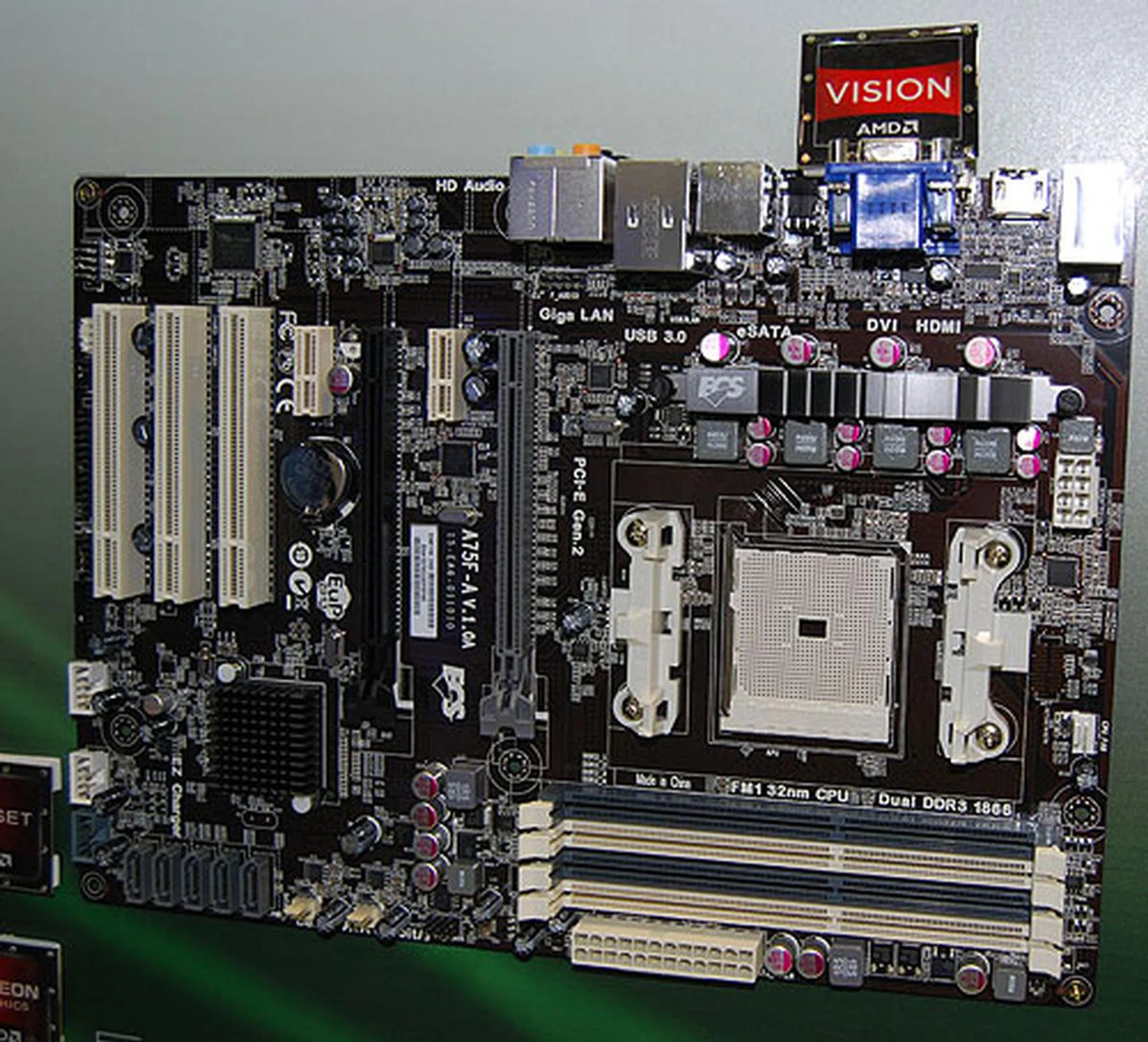 The ECS A75F-A will support AMD's upcoming A-series APU. It has a single PCIe 2.0 x16 slot, a PCIe 2.0 x4 slot, two PCIe x1 slots and three PCI slots. It's quite a full featured ATX motherboard in short, with four USB 3.0 ports too.