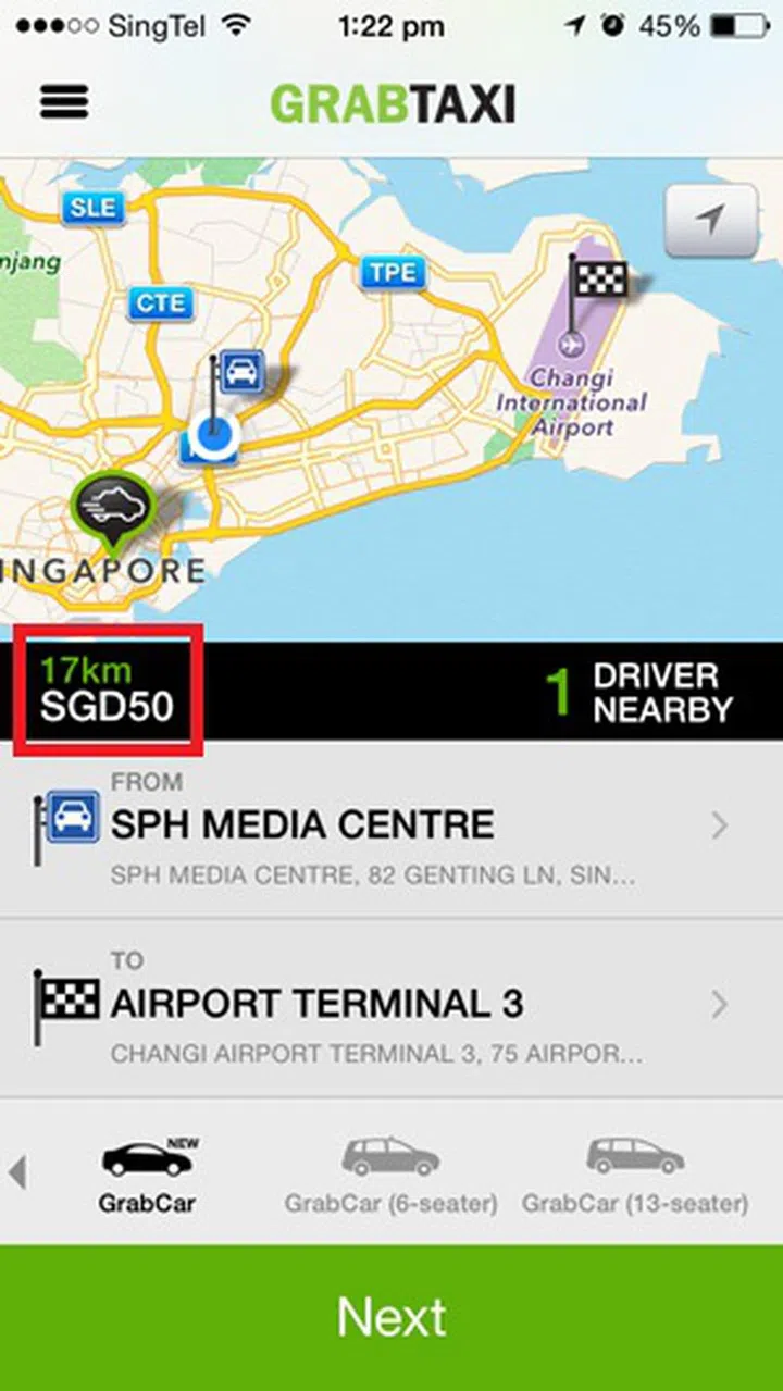 The ride distance and fare is shown immediately once you enter the pick up location and destination.