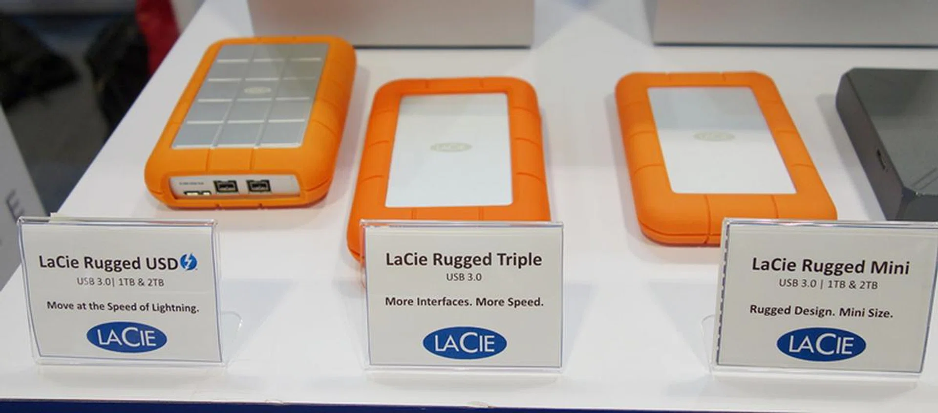 The LaCie Rugged portable HDD series has three categories. The Rugged USB 3.0 and Thunderbolt, the Rugged Triple Mobile, and the Rugged Mini. All the drives draw power from their data cords and offer reliability due to its shock-resistant design. Their prices range from S$159 for a 1TB Rugged Mini to S$299 for the 2TB Rugged USB 3.0 and Thunderbolt.