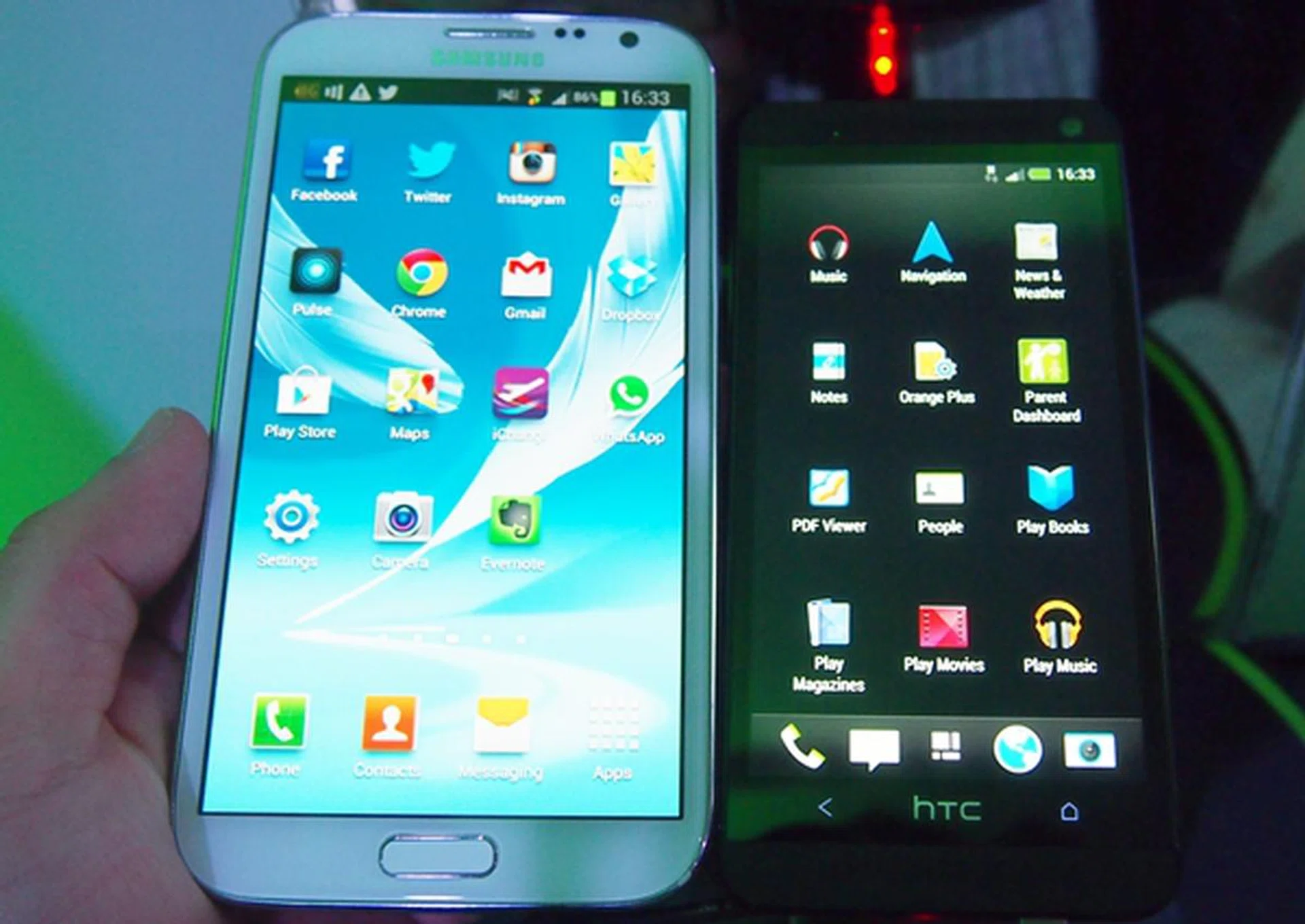 The Samsung Galaxy Note II (left) vs. the HTC One (right).