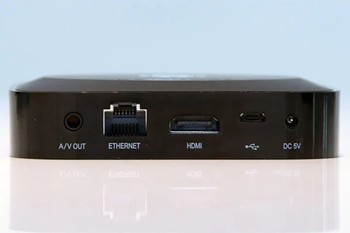 The box has A/V out, Ethernet, HDMI (supports 1080p output), and micro USB terminals on one side.