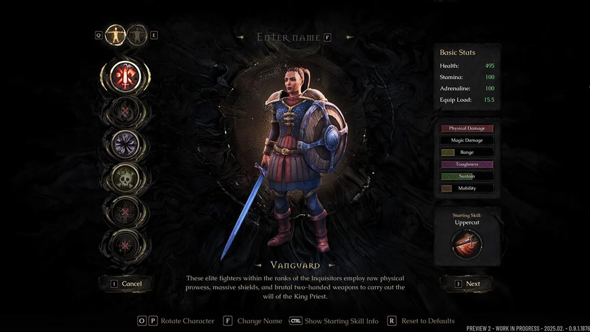 Character creation, with the classes on the left.