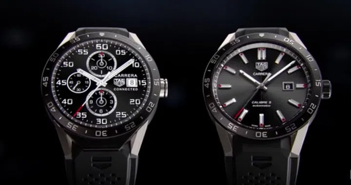 The Connected Watch (left) looks similar to Tag Heuer's analog watch model (right). <br> Image source: Screenshot from Tag Heuer Connected Press Conference (YouTube)
