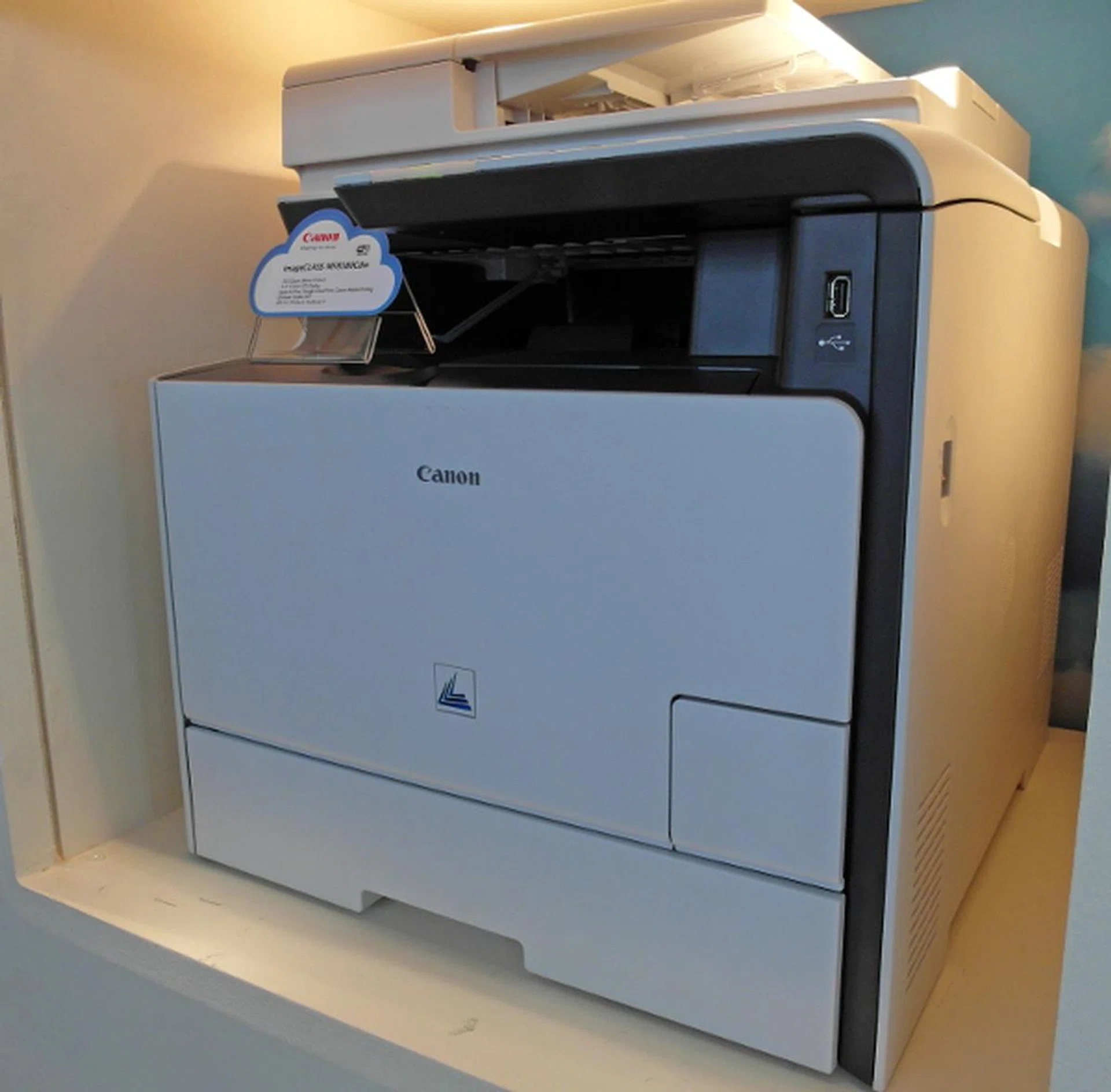 This large one over here is the Canon imageCLASS MF8580Cdw, One of the new batch of Canon laser printers unveiled which supports wireless printing via Apple AirPrint and Google Cloud Print.