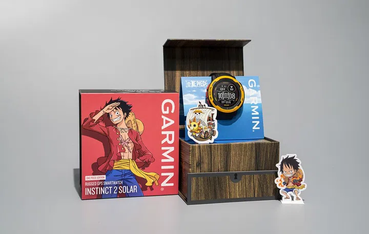 The Luffy-inspired 53g Instinct 2 Solar, with the customised packaging. (Image source: Garmin)
