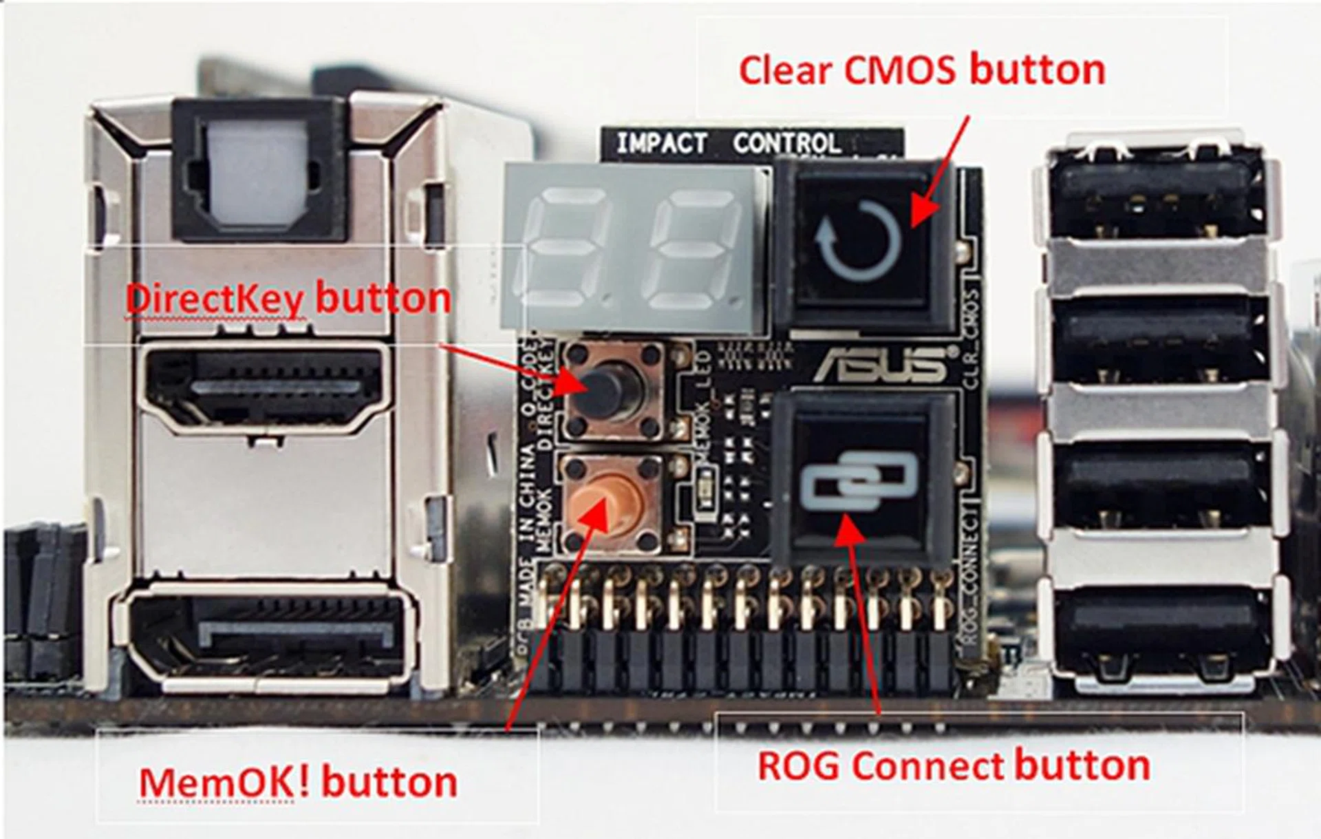 The daughter board, which is located with the rear I/O ports, has a number of buttons for 