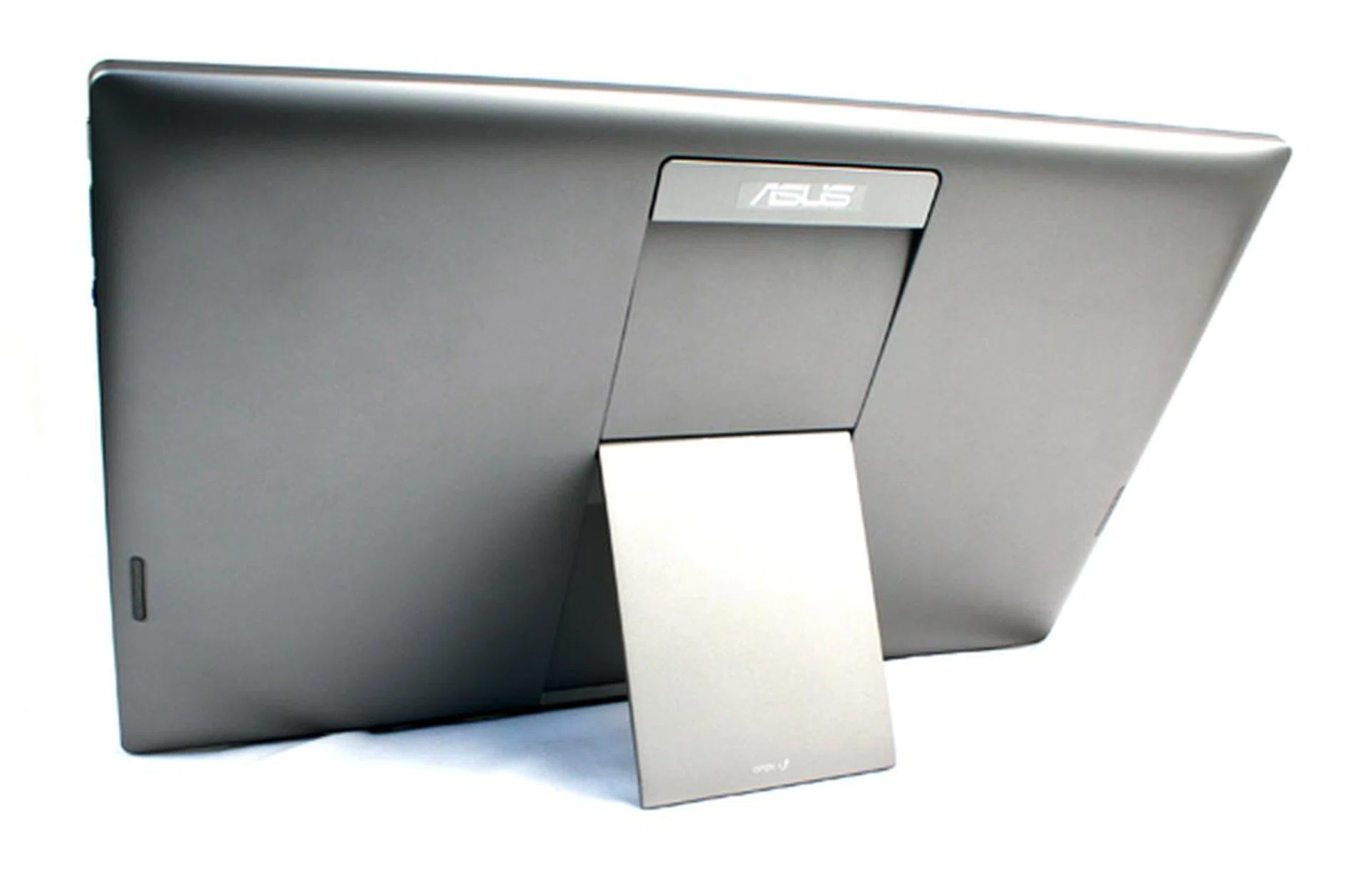The tablet features a stand for easy positioning on desks. Above it, there's a handle bearing ASUS' name.