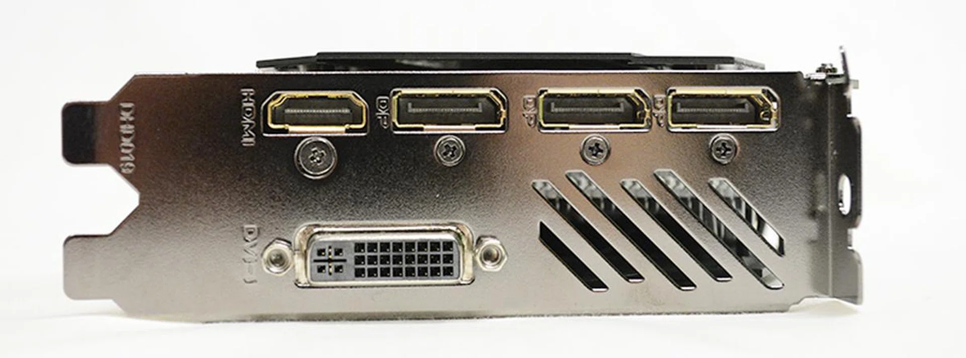 The card has three DisplayPort connectors, one DVI-I port, and one HDMI output.