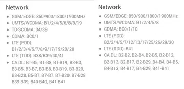 Network support differences between the Japan Nexus 6P (left) and its U.S. counterpart (right). 