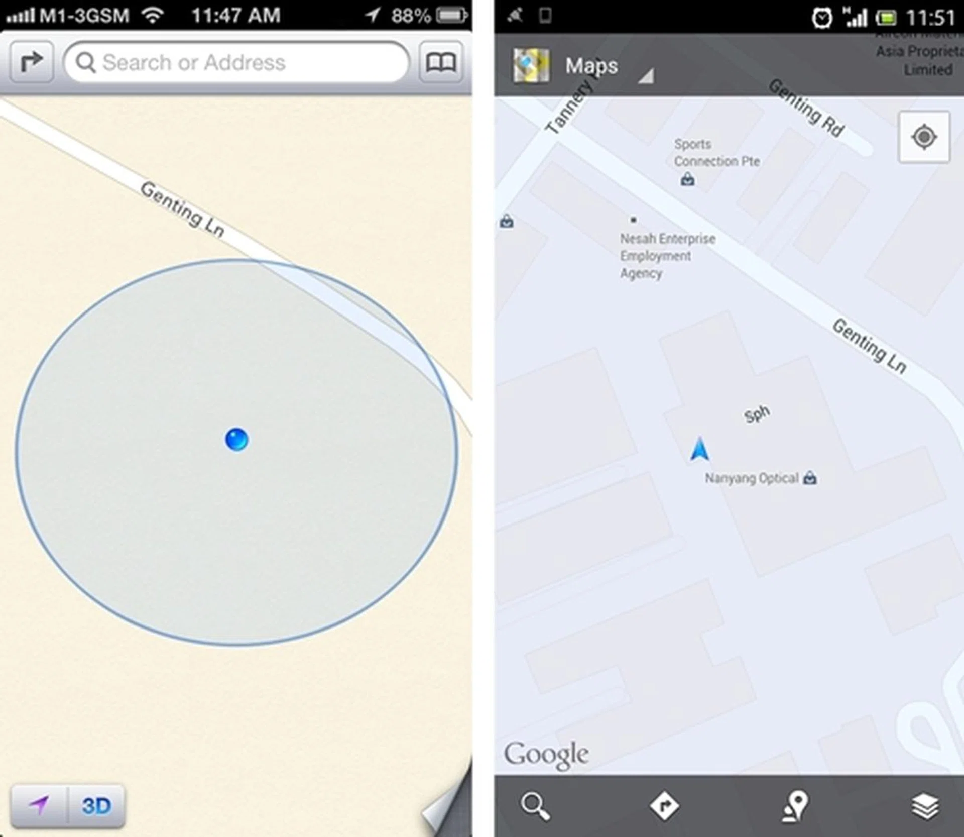 Where ARE we exactly, Apple? (Left: iOS 6 Maps app, Right: Googles Maps on Android)