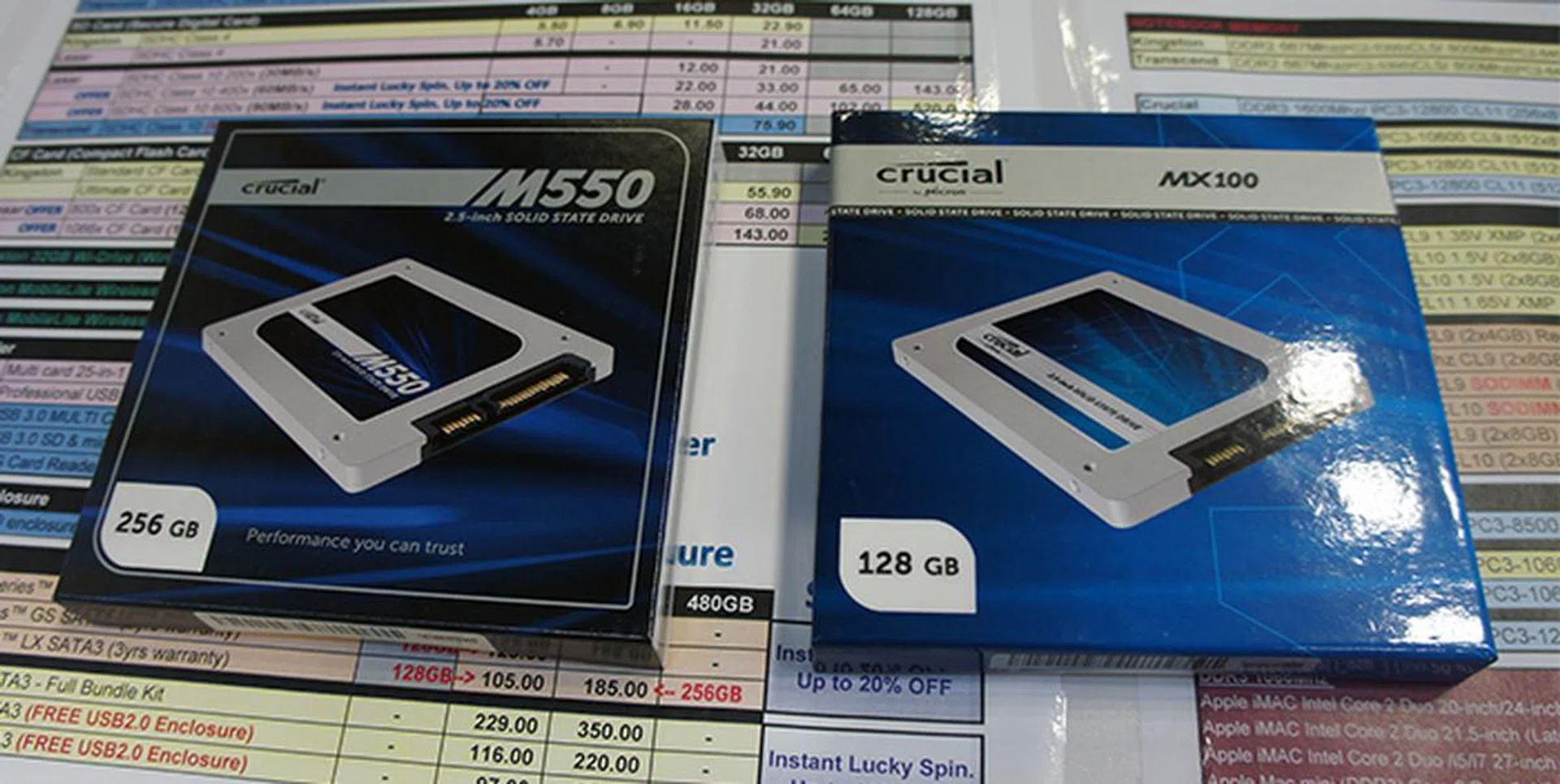 Prices for the Crucial MX100 SSDs are as follows: 128GB - $105, 256GB - $160, 512GB - $308. And for the Crucial M550: 128GB- $128, 256GB - $220, 512GB - $448, 1024GB - $726. The drives will also come with a USB to SATA cable and cloning utility.