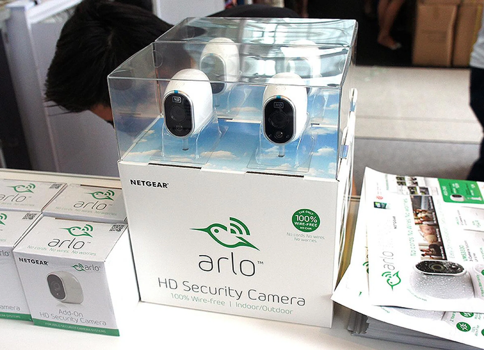 The Arlo by Netgear is touted as the world's first 100% wireless webcam, and that's because it uses batteries. It is also waterproof and extremely easy to setup. A 3-camera bundle is available at Comex for $699 and additional cameras can be purchased separately for $209 (U.P.: $229).