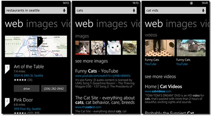 After the update, there are only going to be four search result categories: Web, Images, and Videos. (Image source: Microsoft.)