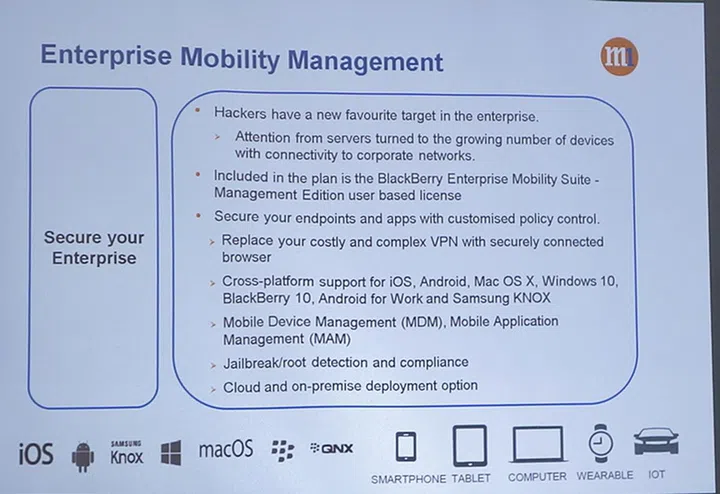 The Enterprise Mobility Management will allow the corporate IT team to manage the devices that are using the M1 Enterprise Mobile plans.