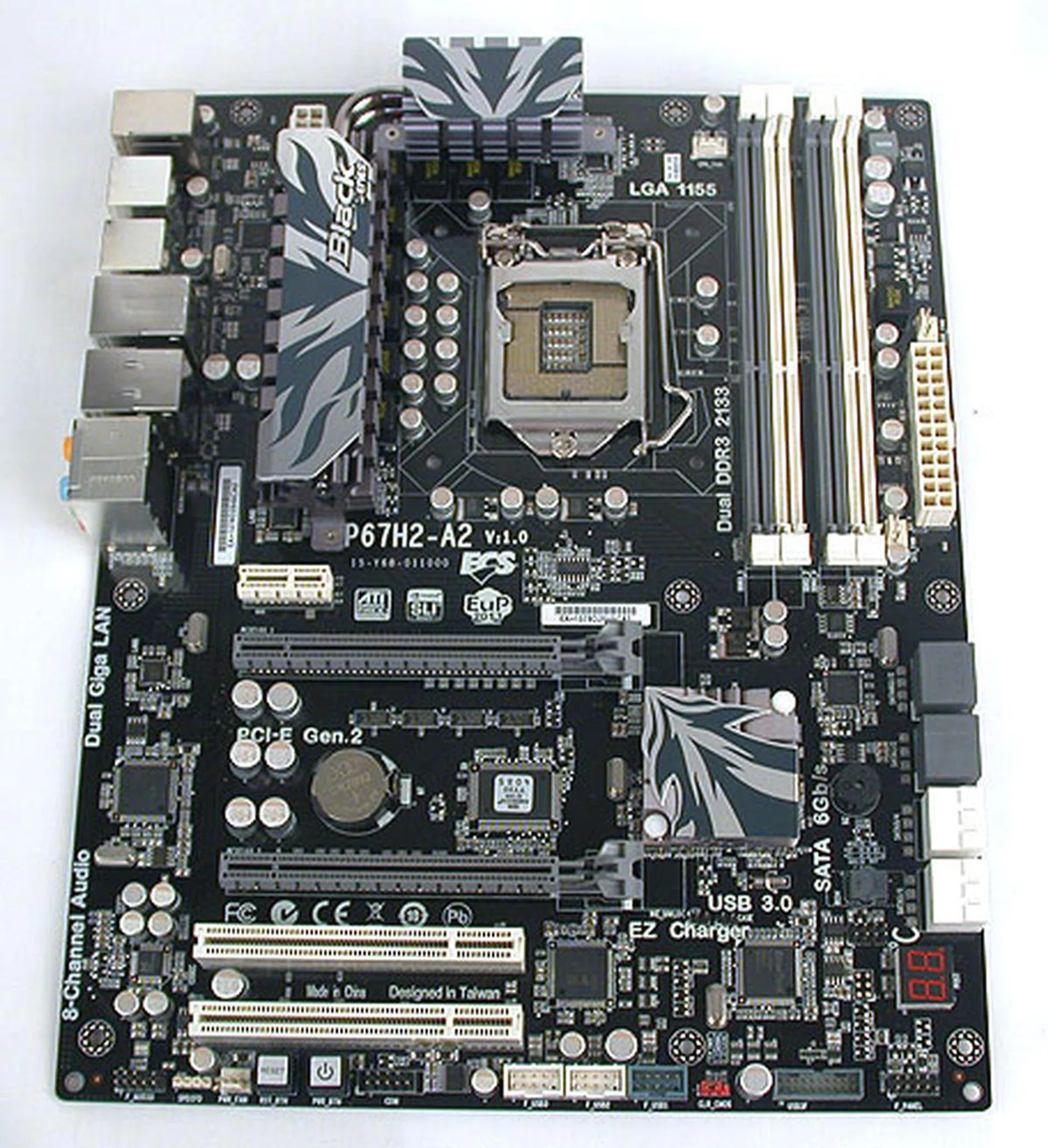 Black and gray, the ECS P67H2-A2 does break the monotony of all the blue color schemes preferred by the board vendors. Despite its mainstream billing, this ECS board probably has the most features among our six boards today.