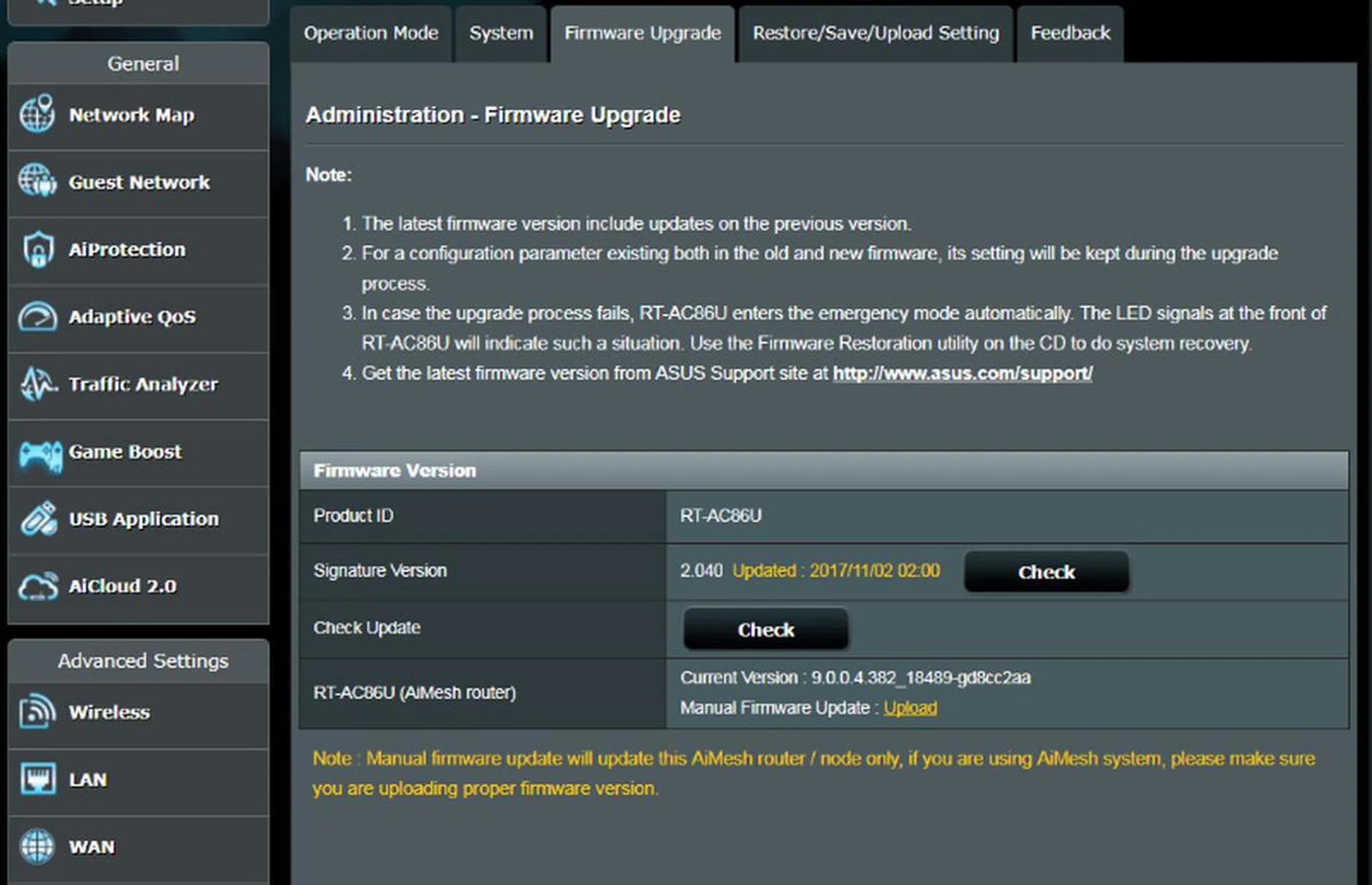 Ensure your routers are running the latest firmware. (Image source: ASUS)