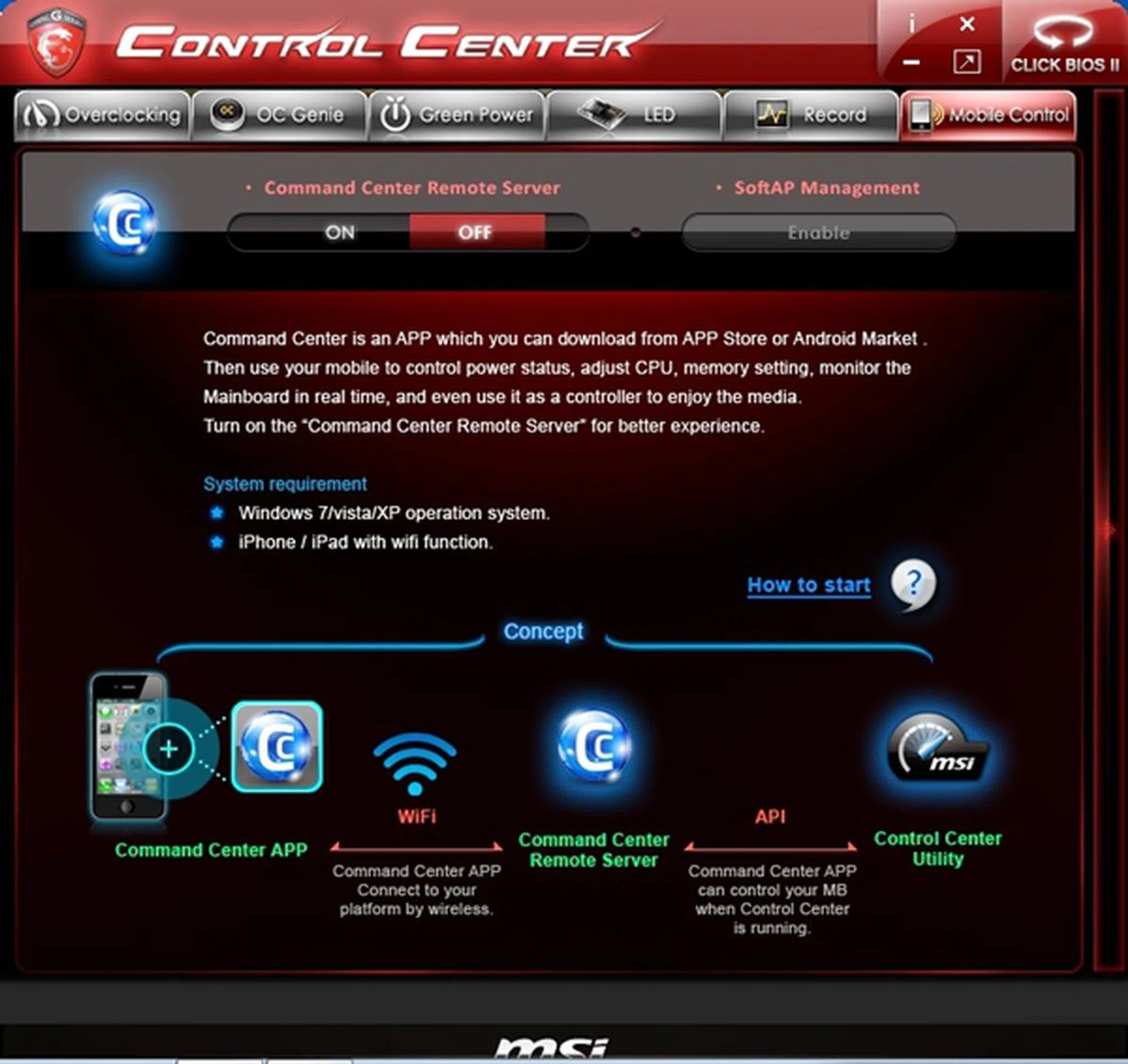 The Command Center Remote Server service can be turned on here, allowing wireless access with a mobile device that has the Command Center application installed.