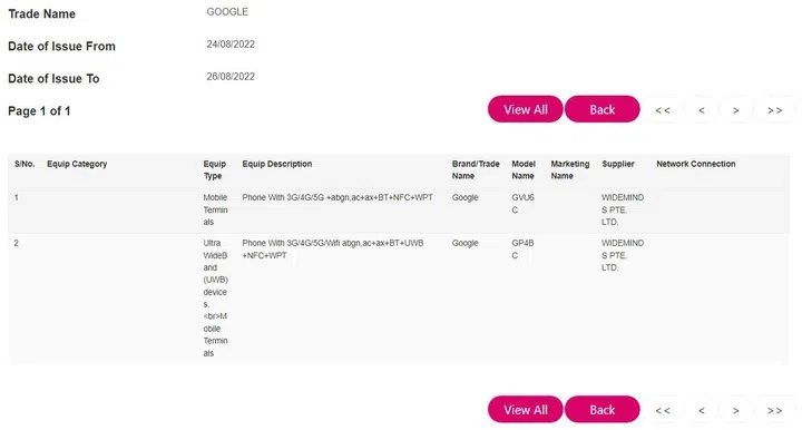 IMDA Equipment Registry database with the Google Pixel 7 and Pixel 7 Pro registered for sale and use in Singapore.