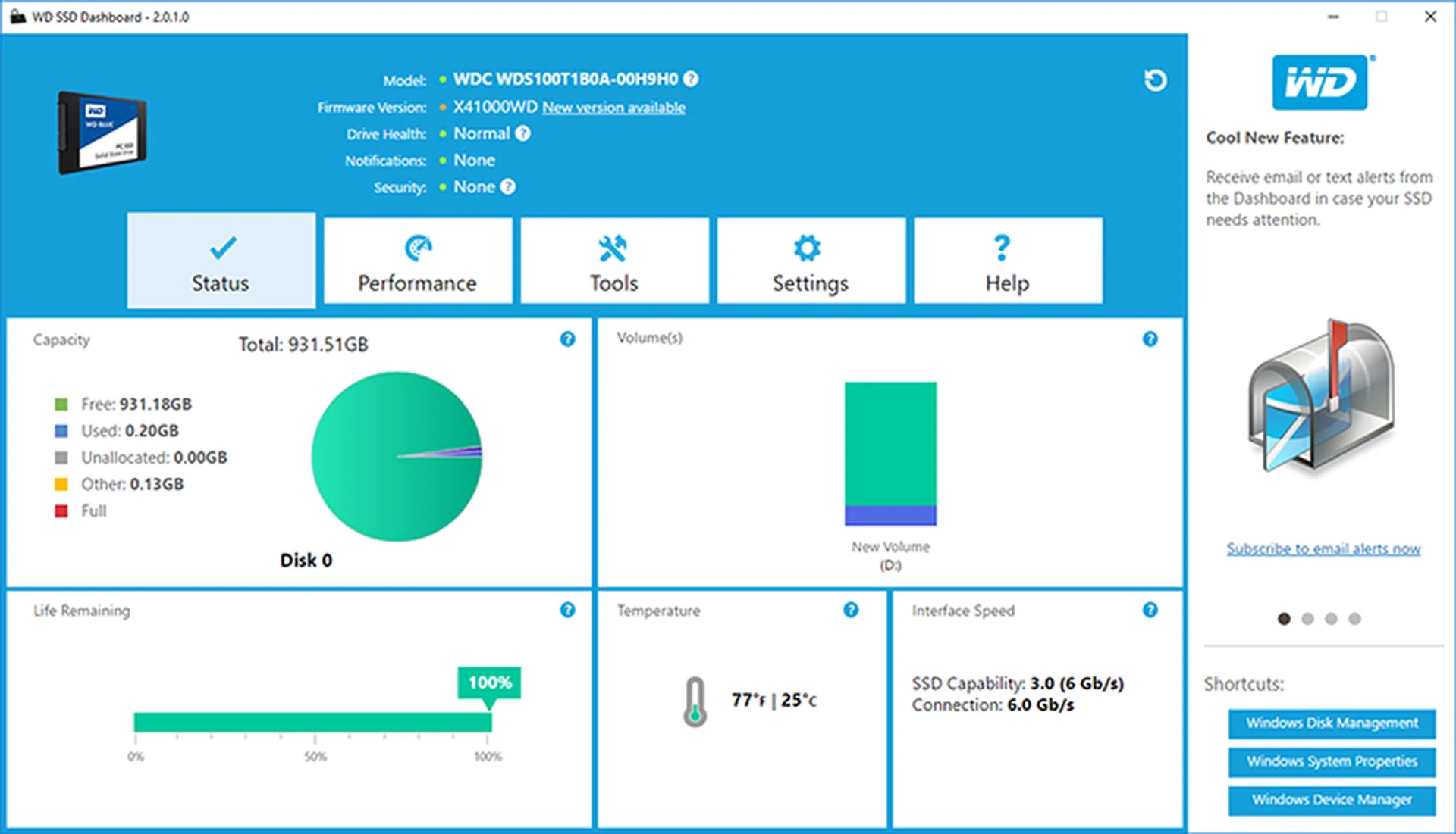 The WD SSD Dashboard is easy to use and lets user monitor their drive and perform routine maintenance tasks.