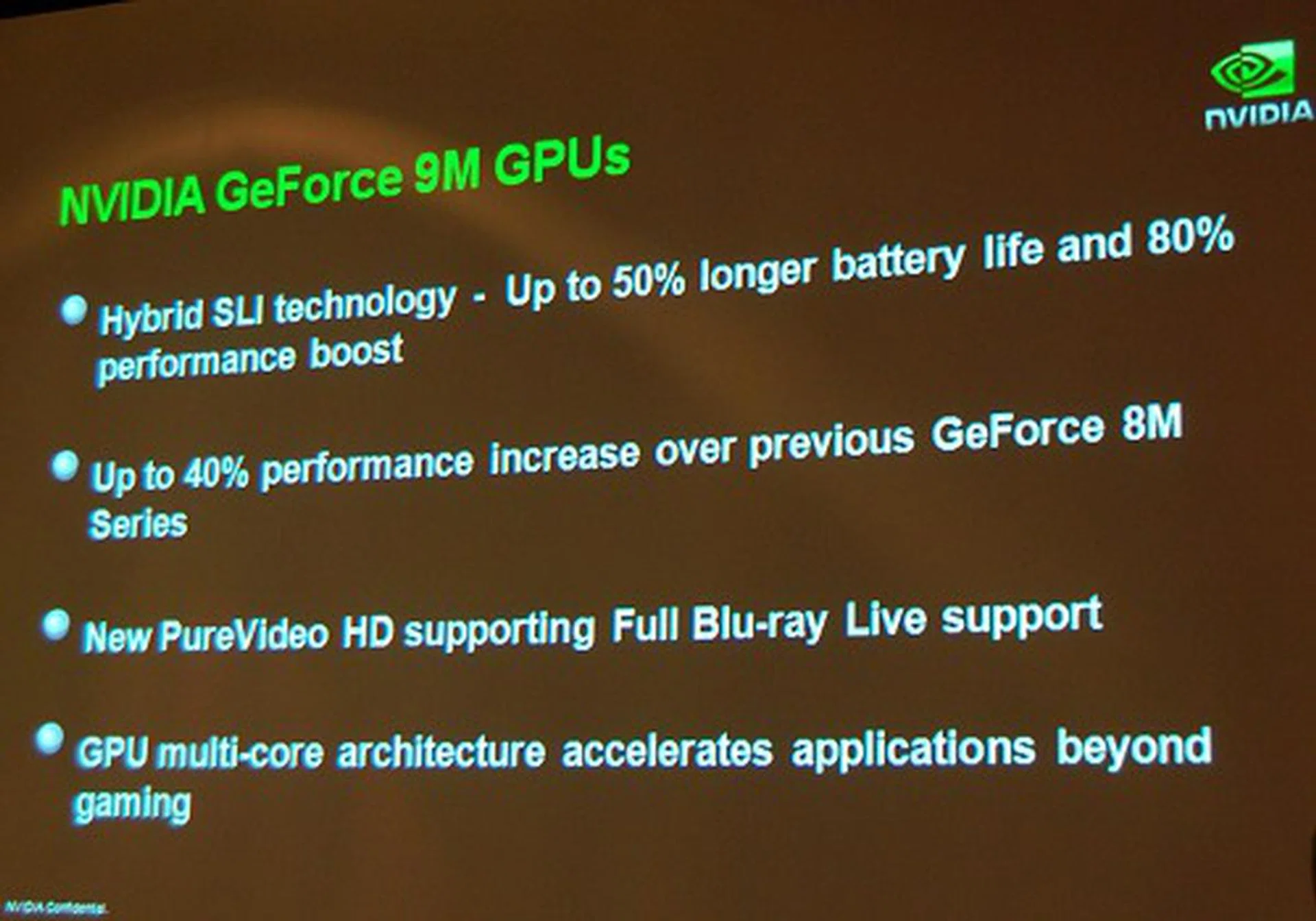 NVIDIA chose to launch their upcoming GeForce 9 Mobile graphics during Computex. Some highlights have been summarized in the slide above by NVIDIA. Primarily, the GeForce 9M takes on the latest PureVideo HD Engine for the best HD video decode capabilities, Hybrid SLI, an updated core for better memory management, power management as well as processing units much better tuned for taking advantage to GP-GPU computing via CUDA (they mentioned it's about 30% better on GeForce 9M versus the GeForce 8M).