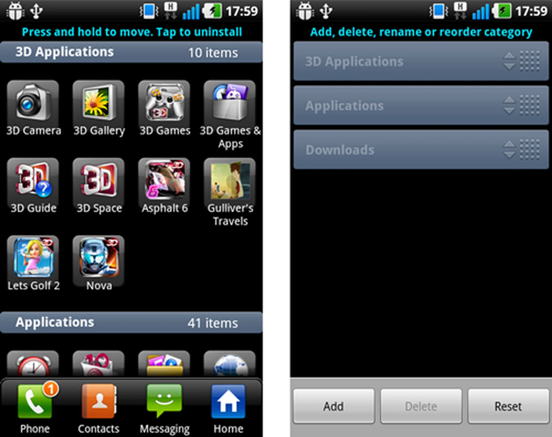 Managing your apps (left) and managing categories (right).