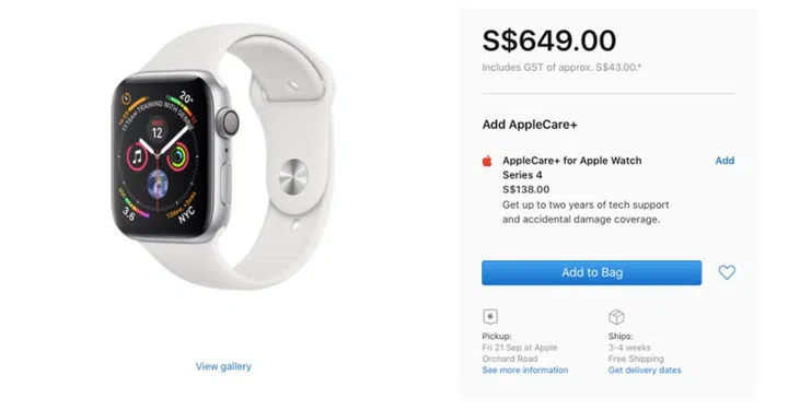 AppleCare+ for the Apple Watch Series 4 is priced at S$138.