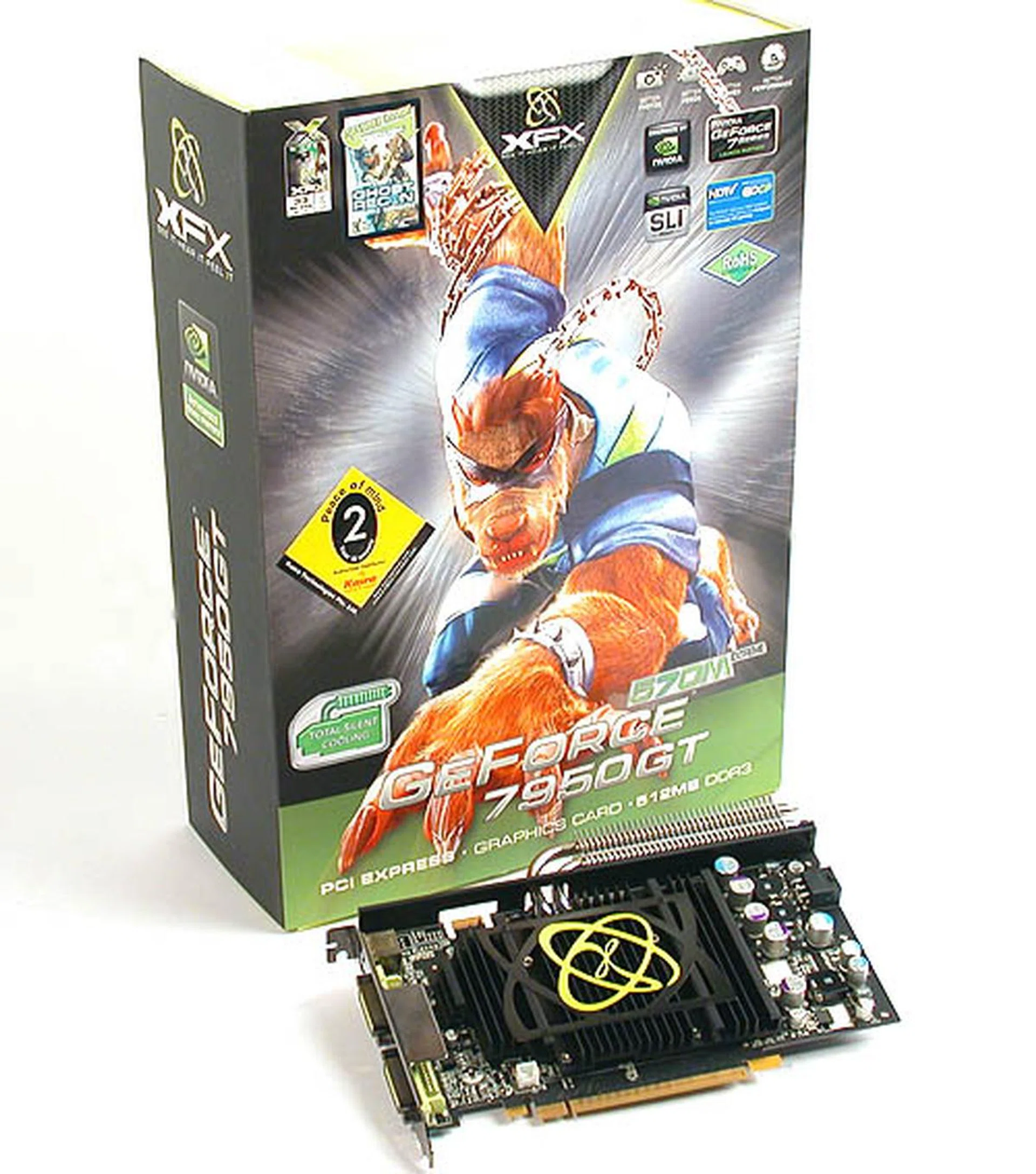 Looking rather similar to XFX's packaging for its GeForce 7950 GX2, the major differences lie in the modest stickers which proclaim its passive cooling and the inclusion of the latest Tom Clancy line of first person squad shooters.