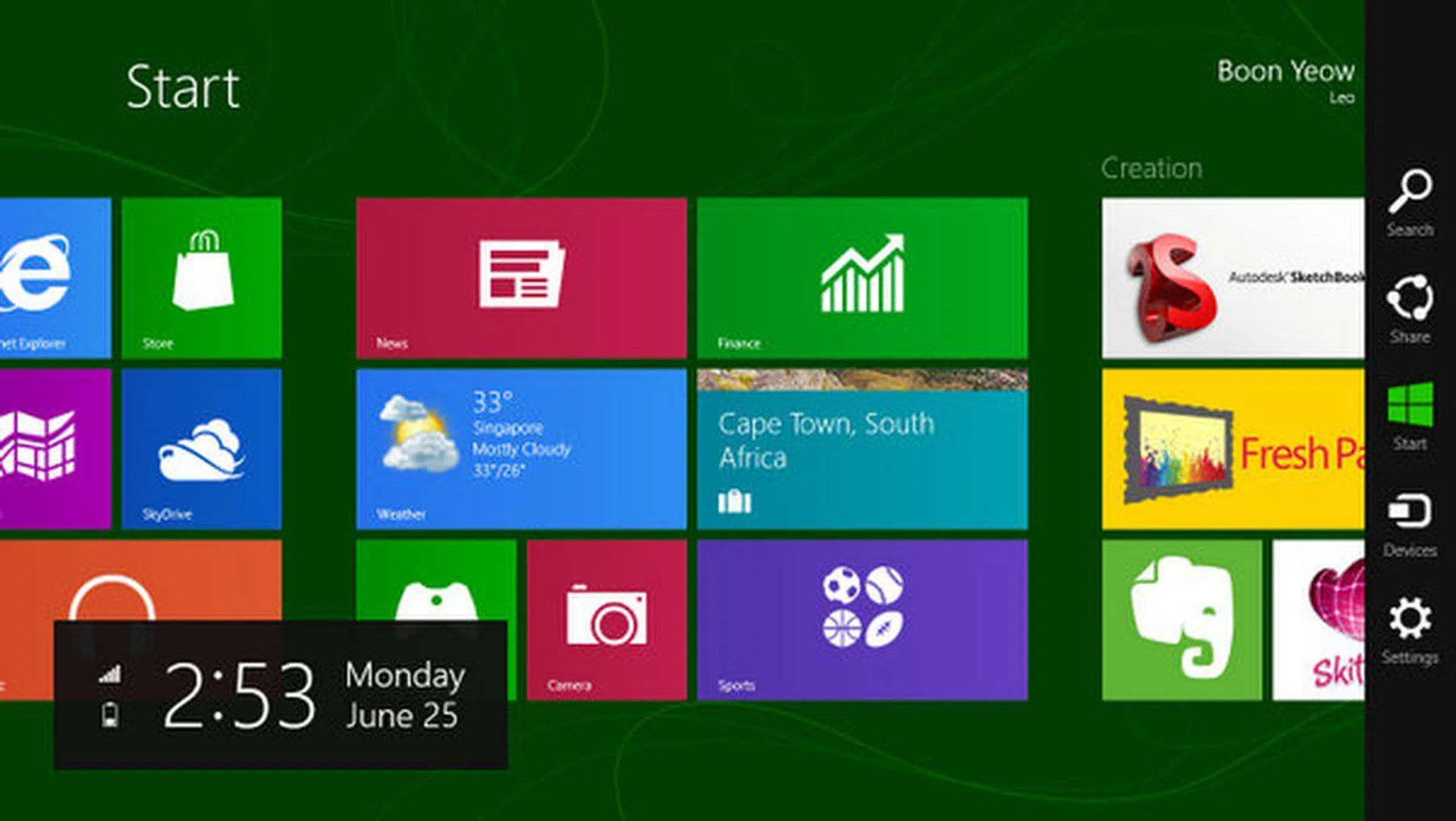 No surprise here: the Start Charm brings you back to the Start screen.