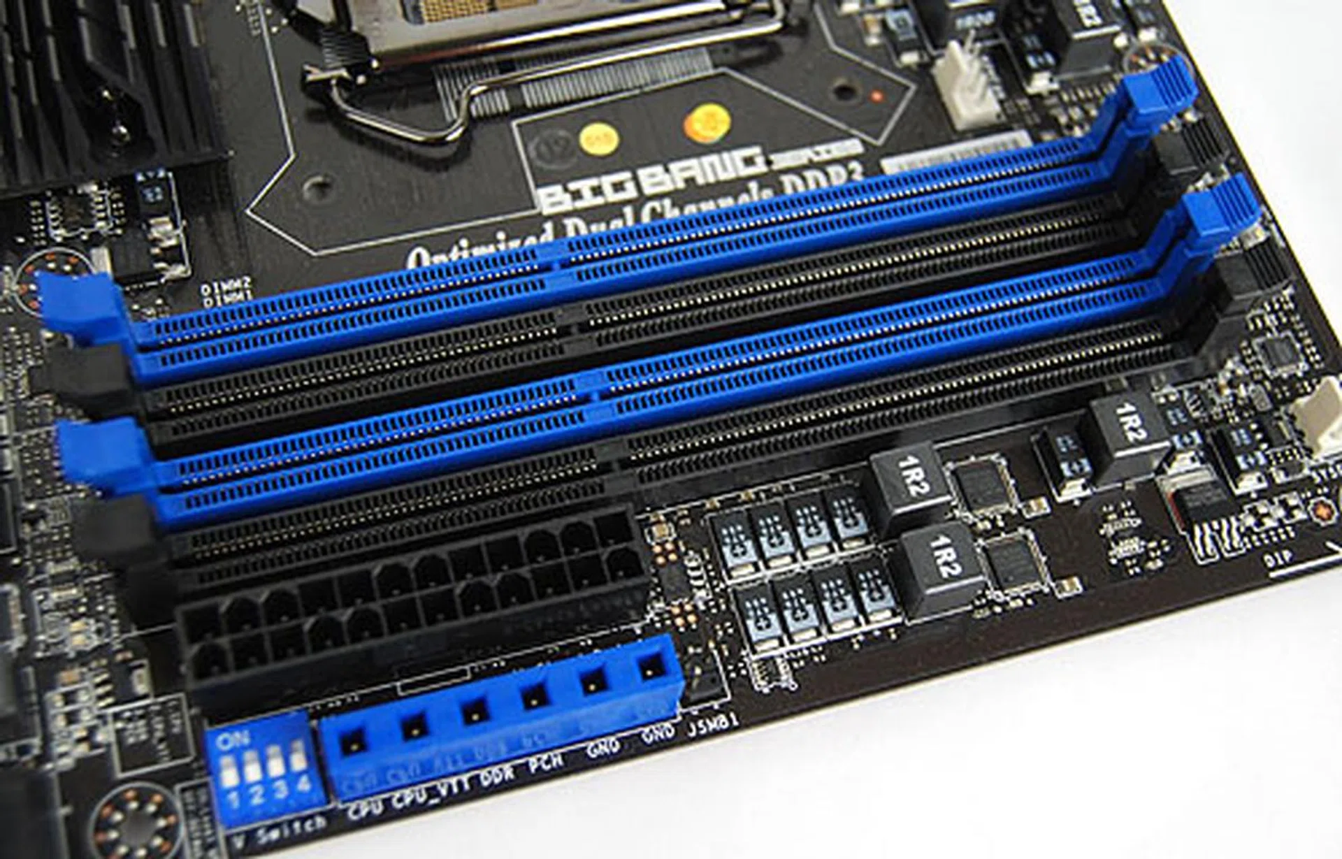 We had seen those voltage check points for the hardcore enthusiasts on the P55-G80. Four DDR3 DIMM slots as expected. 