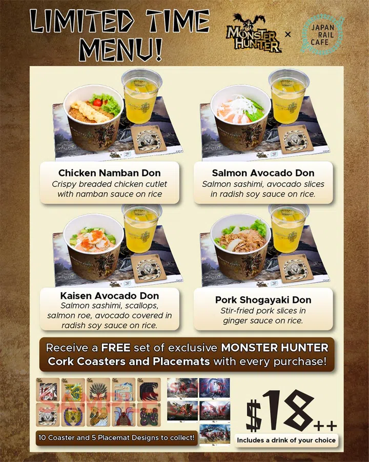 The four new menu items available at Japan Rail Cafe, and the additional goodies that come free with every order. Photo: Capcom Singapore.