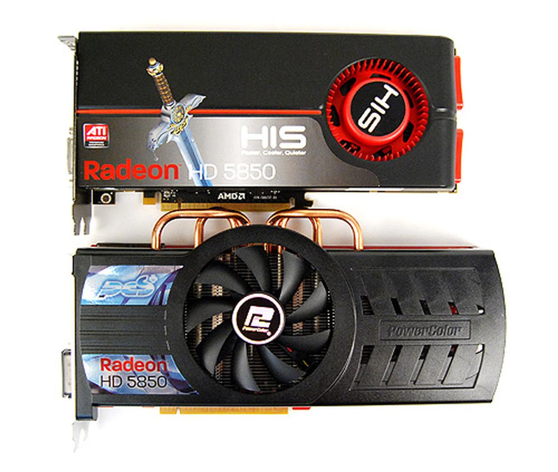 The PowerColor PCS+ HD 5850 is the most physically imposing card, thanks to its massive cooler.