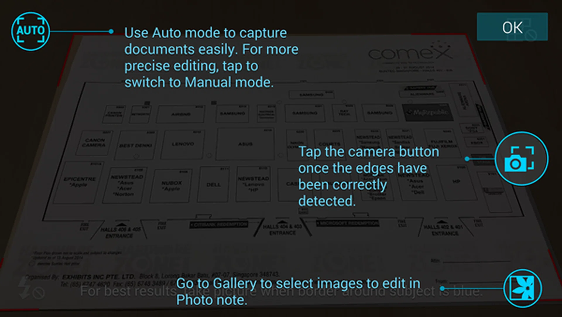 When you start up the Photo Note on the Samsung Galaxy Note 4, it offers some tips on how to use the feature.