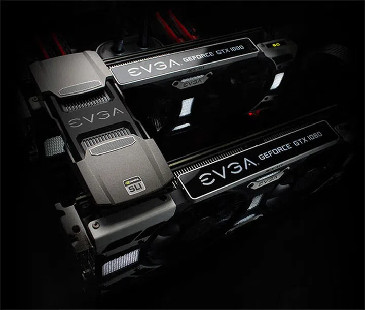 The EVGA Pro SLI Bridge HB features an illuminated EVGA logo that can glow in red, green, blue, or white. (Image Source: EVGA)