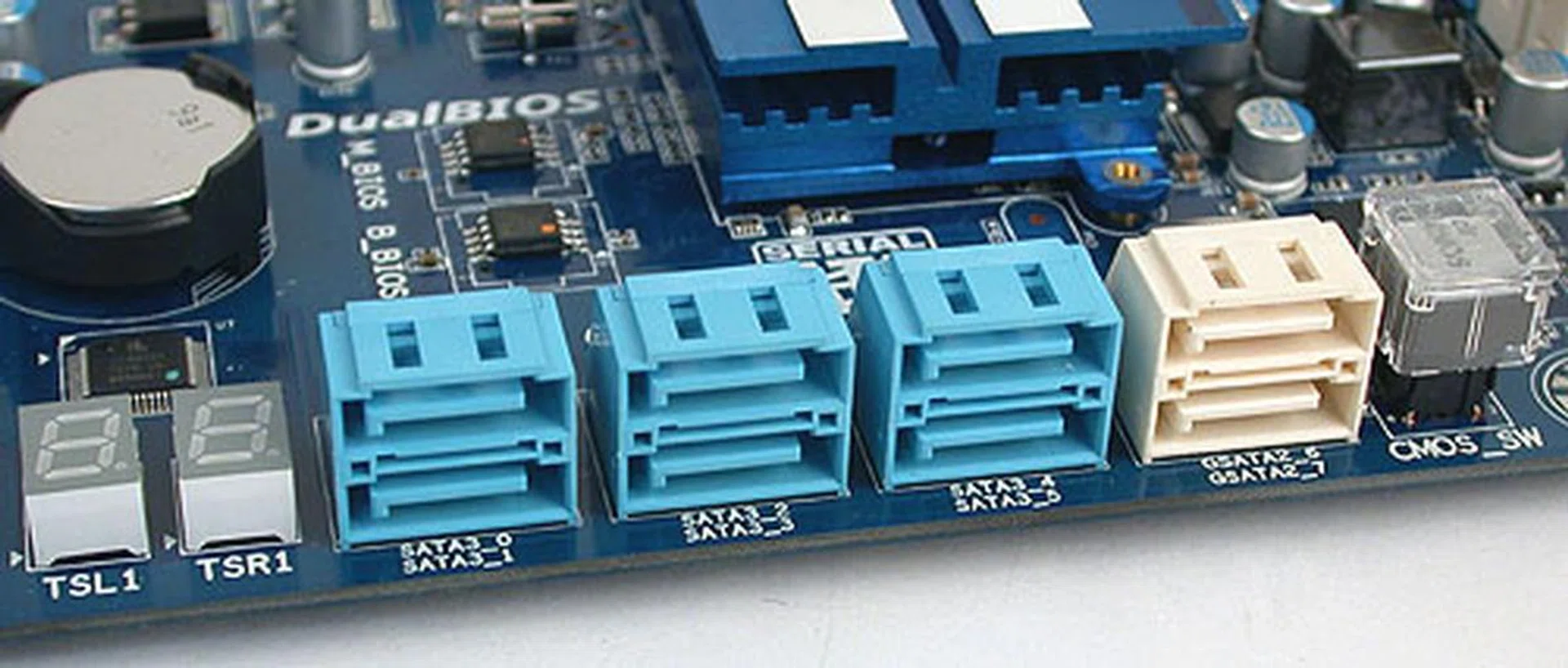 Gigabyte has never been shy about SATA ports and besides the six SATA 6Gbps ports from the SB850, it has included two SATA 3Gbps ports from its own, branded controller. A Clear CMOS button is also found here, with a plastic cover to prevent accidents.