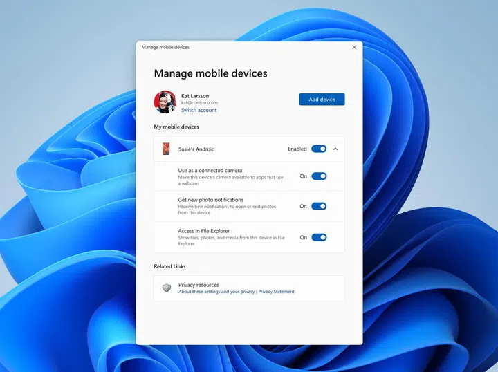 You can manage the access given to a wirelessly connected Android phone in Windows 11's Settings app. Source: Microsoft.