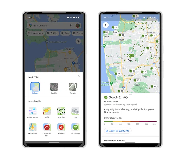 Example of AQI readings in Google Maps. Source: Google.