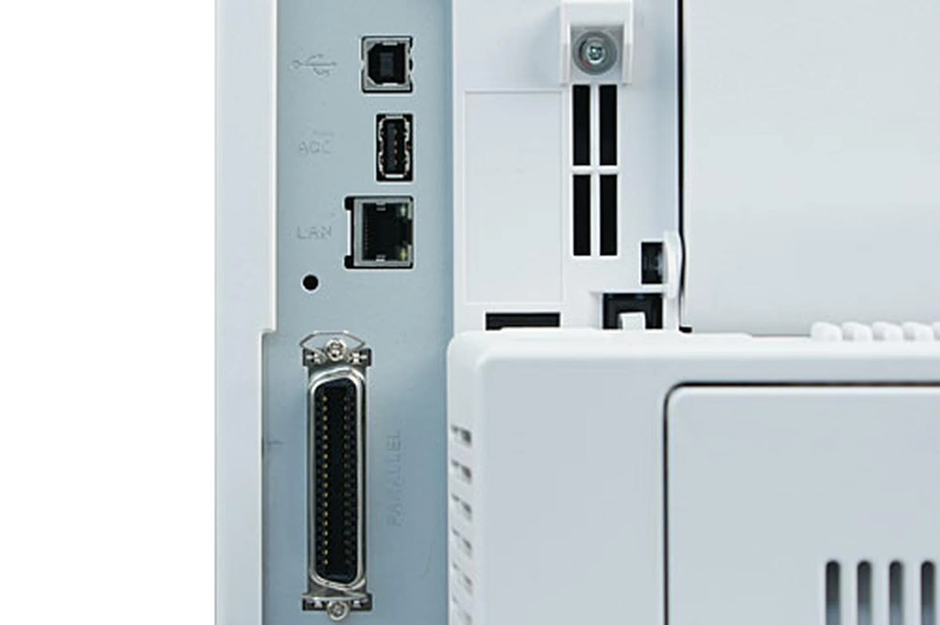 From top: USB, ACC, LAN and Parallel ports.