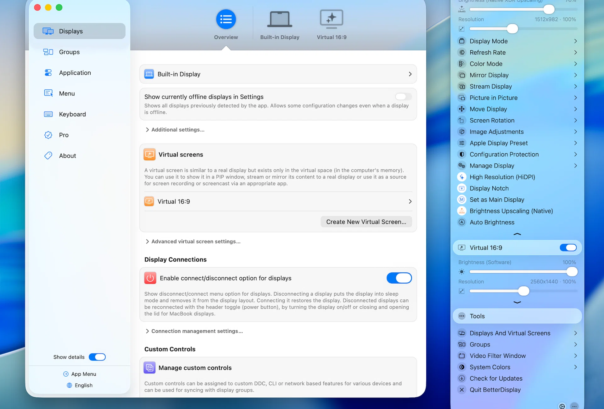 BetterDisplay basic functionality and menu.