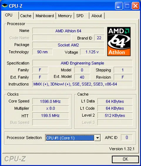 Here's the CPU-Z info of the Turion 64 X2 TL-52 processor, but since CPU-Z was a much older version when we got the notebook, it wasn't able to identify the CPU properly.