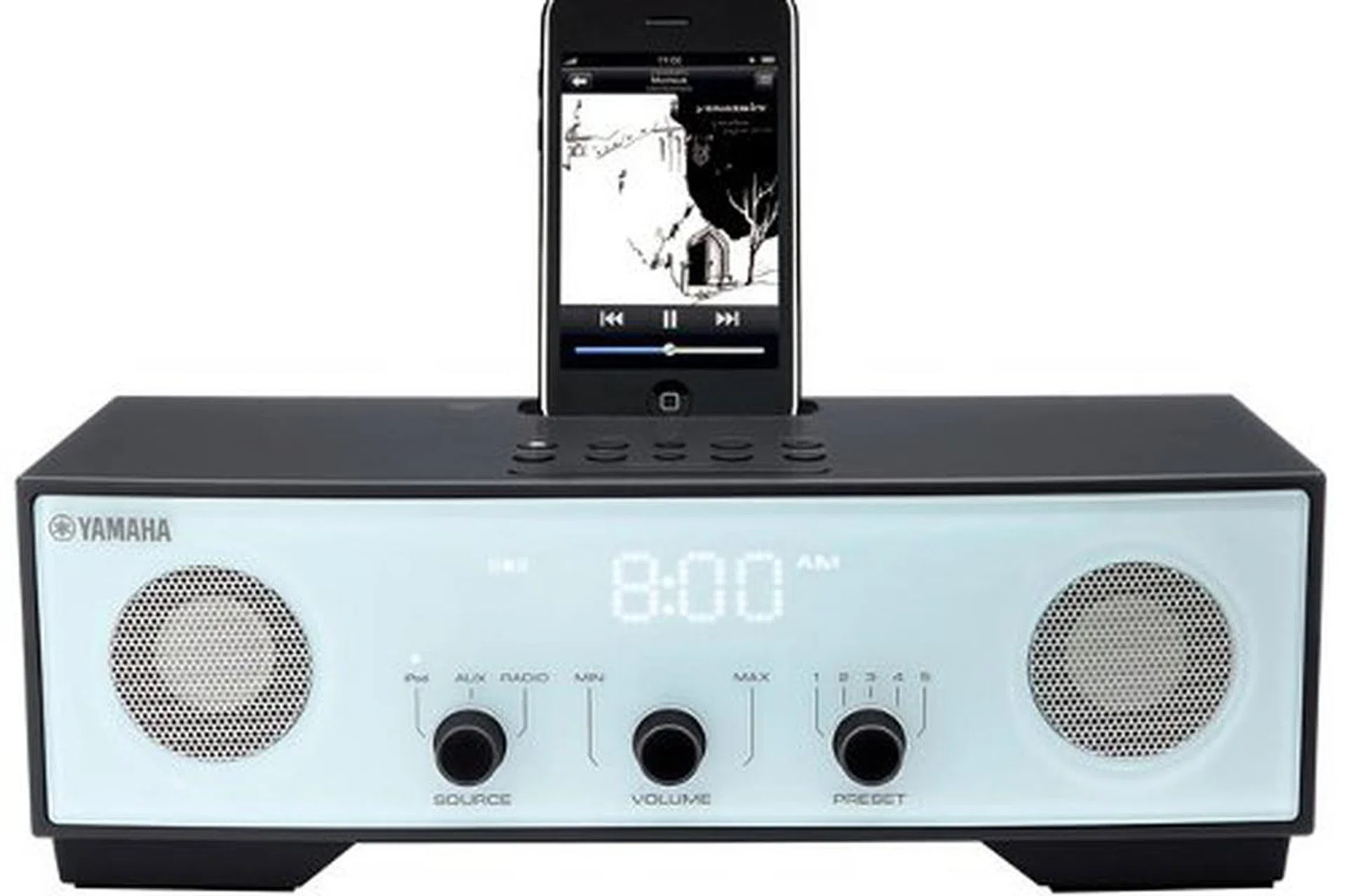 The Yamaha TSX-80 does not follow the trend of the garish colors that other speakers seem to be following. Also clearly visible here are the controls for volume and source selection.