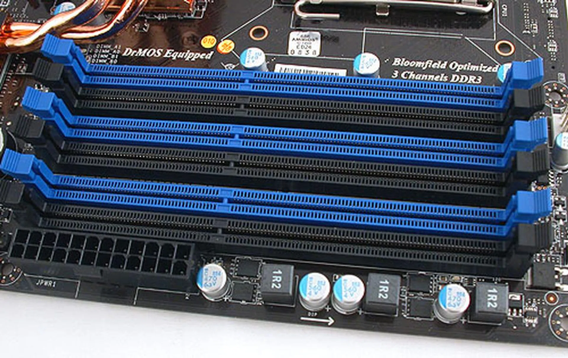 6 DIMM slots supporting up to 24GB of DDR3-1600. This layout is fairly typical. 