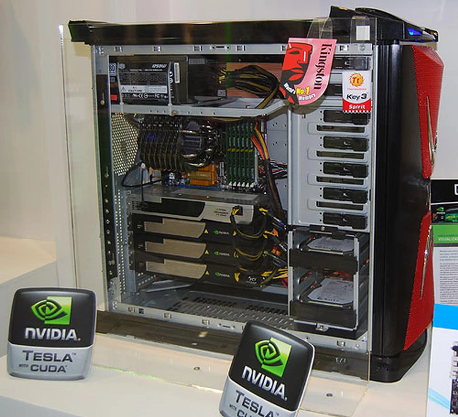 It's known as the X58 SuperComputer but what it is really, is an ASRock assembled Core i7 system with three NVIDIA Tesla C1060 parallel processor along with a Quadro FX5800 workstation card. It's powered by a 1250W PSU and running on Linux. 