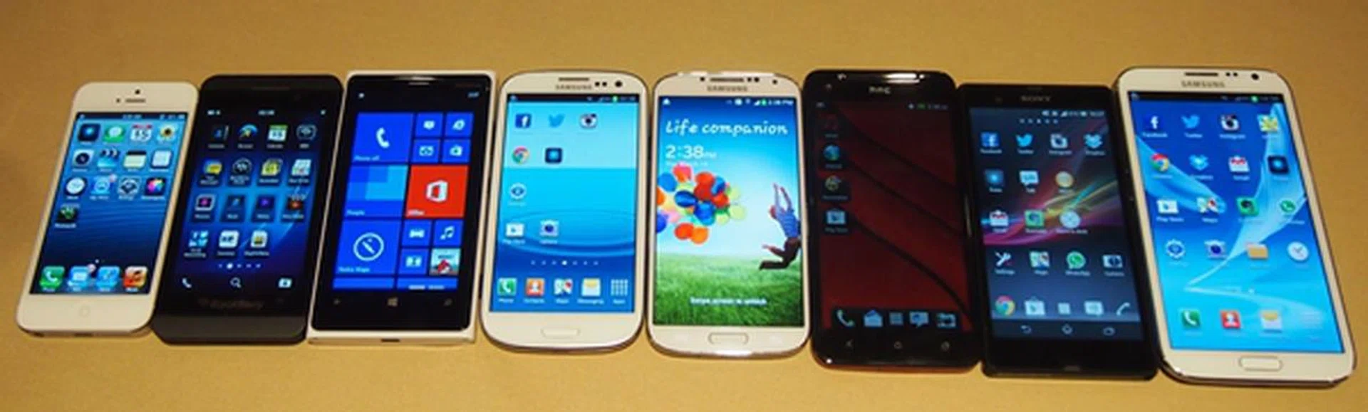 From left to right: Apple iPhone 5, BlackBerry Z10, Nokia Lumia 920, Samsung Galaxy S III, Galaxy S4, HTC Butterfly, Sony Xperia Z and Samsung Galaxy Note II.