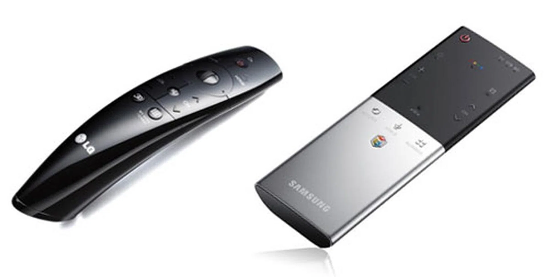 LG's revamped Magic remote (left) now features a scroll wheel and voice-recognition features. Samsung's sleek wand features a built-in microphone for voice controls, but is also equipped with a touchpad.