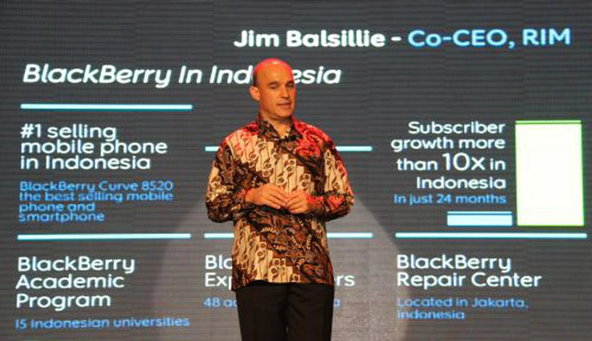 Jim Balsillie, Co-Chief Executive Officer, Research In Motion, added glamor to the announced launch, with an appearance on stage to explain what makes BlackBerry such a popular device in Indonesia and the region.