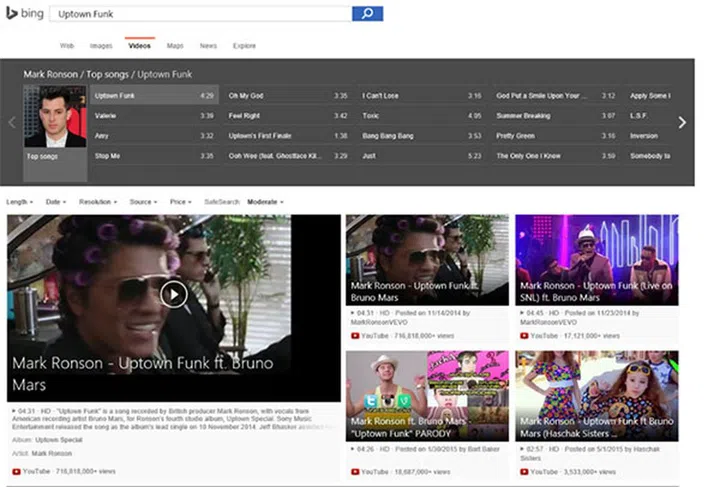 Bing now displays a larger "hero" result whenever you search for a song. (Image Source: Bing Blogs)