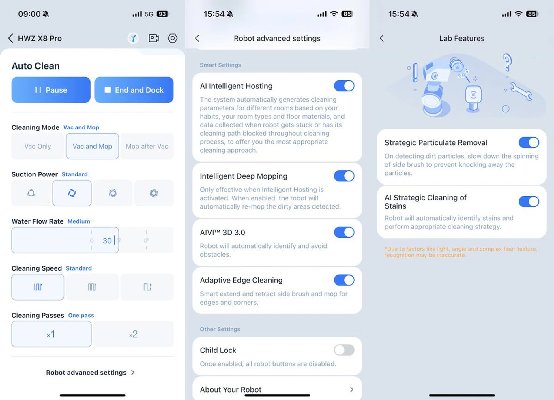 Manually choose your preferred cleaning modes or use Intelligent Hosting. There are also experimental dirt detection options. Photo: HWZ