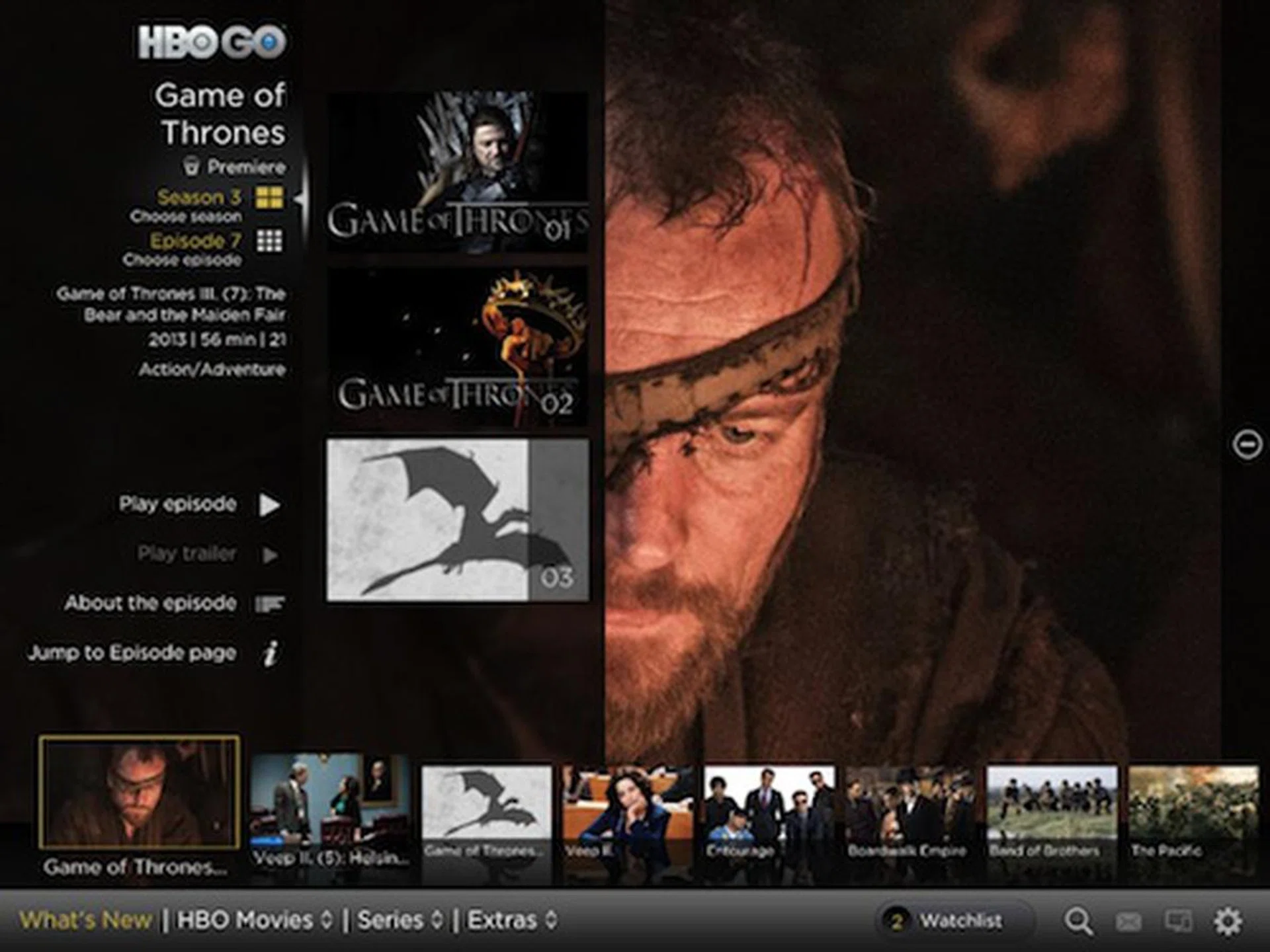 You can navigate through a popular TV series, like Game of Thrones, by filtering them via Season or Episodes.