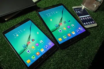 The Galaxy A8 4G+ in the background, together with the Galaxy Tab S2 in front.