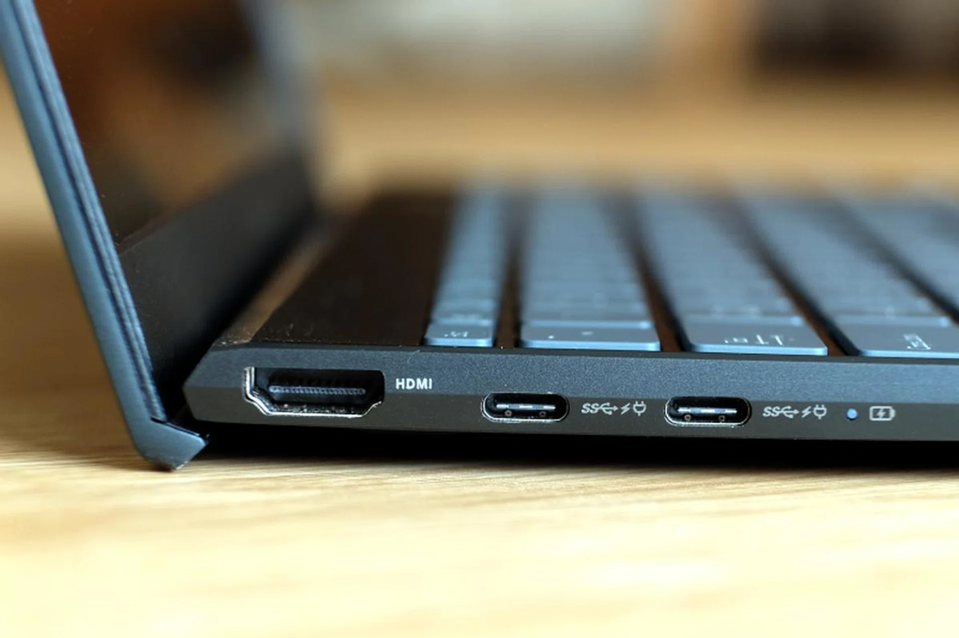 On the left are two USB-C ports that support Thunderbolt 3 and a full-size HDMI port.